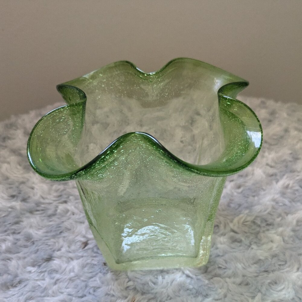 Green Speckles Air Bubble Glass Ruffle Square Vase 5" Tall